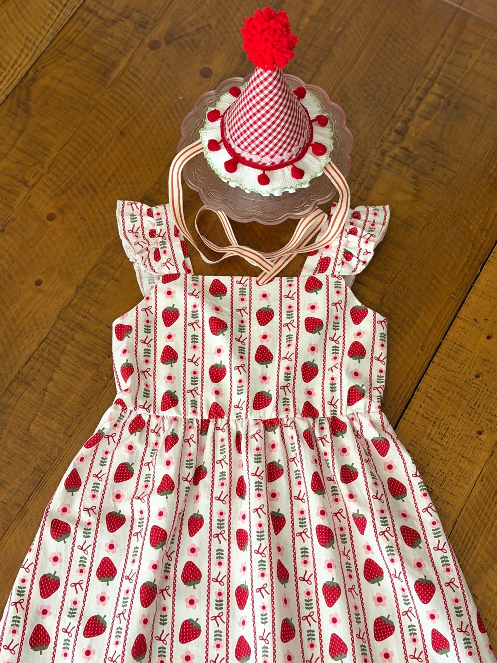 Birthday Party Dress/Sundress with Red Strawberry Print and birthday hat - Picture 5 of 16